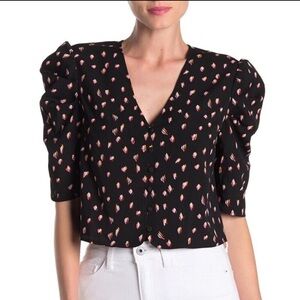 Free Press Women’s Black and Pink and Orange Ruffle Shoulder Sleeve Blouse